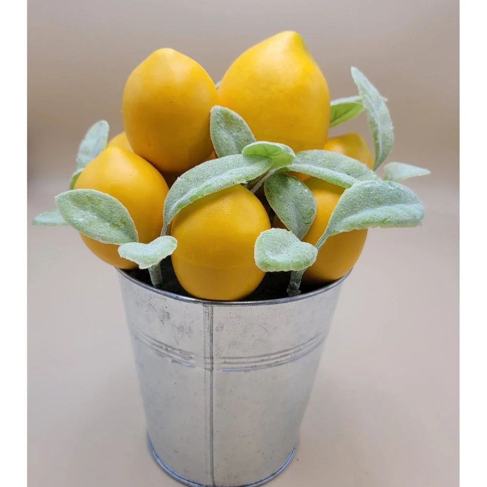 Faux Lemon Arrangement in Galvanized Metal Bucket Farmhouse Centerpiece Decor